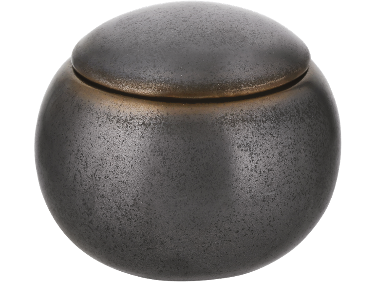 Donkergrijze bolvormige keramische pot met deksel, met een getextureerde, gespikkelde afwerking.