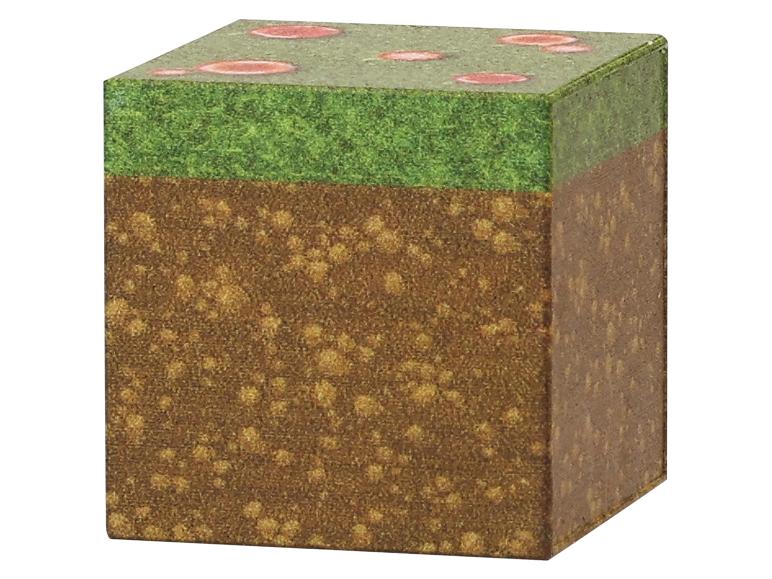 Kubus met gras-, aarde- en paddenstoeltexturen.