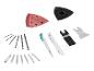 Assortiment elektrisch gereedschap accessoires, waaronder zaagbladen, boren en schuurpapier.