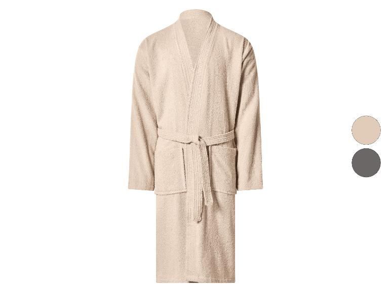 Beige badjas met ceintuur en zakken, getoond met kleurkeuzeopties.