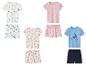 Kinderpyjamasets: wit met vissen, roze met bloemen, wit met harten, blauw met boot.