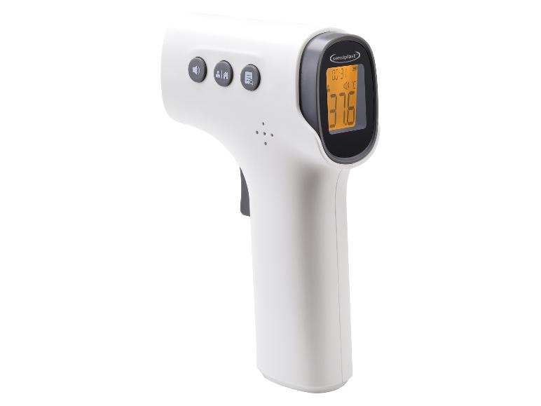Witte Sensiplast digitale infraroodthermometer met een display dat 37,6°C toont.