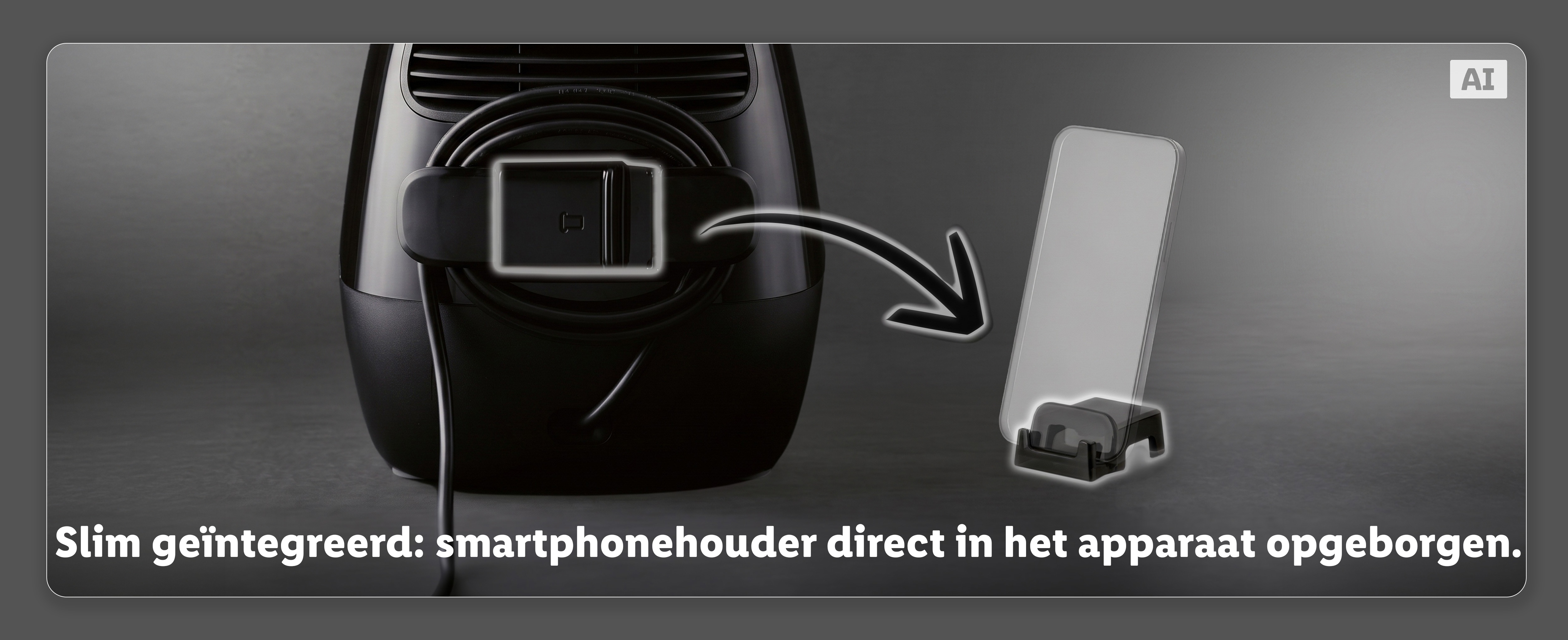 Detailopname: Een smartphonehouder is direct aan de achterkant van de Monsieur Cuisine compact opgeborgen. (Met AI-watermerk)