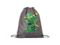 Een grijze LEGO Ninjago gymsack met een groene ninja.
