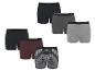 Zes herenboxershorts in zwart, grijs, bordeaux en gestreept patroon.