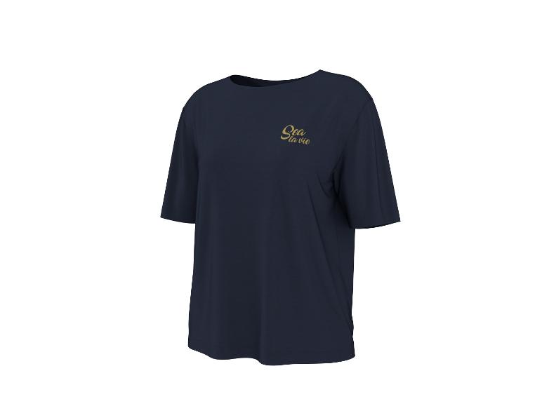 Donkerblauw t-shirt met gouden tekst 'Sea la vie' op de borst.