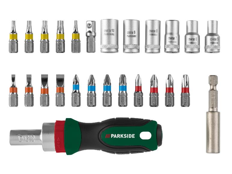 Parkside schroevendraaierset: bits, dopjes en ergonomische schroevendraaier.