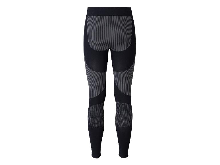 Zwarte sportlegging met grijze strepen en patronen.