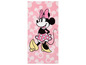 Een roze handdoek met Minnie Mouse erop.