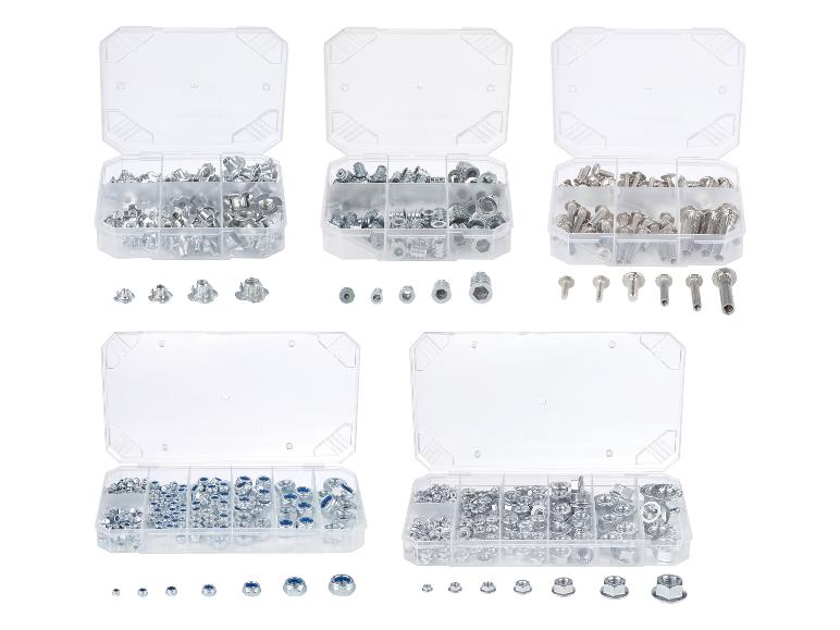 Geassorteerde moer- en schroefsets in transparante opbergdozen.