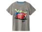 Grijs kinder-T-shirt met rode raceauto en teksten 'VROOM!', 'KA-CHOW!' en 'BRMM!'