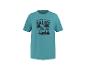 Turquoise T-shirt met palmbomenprint en de tekst 'TROPICAL DREAMS UNDER PALMS'.