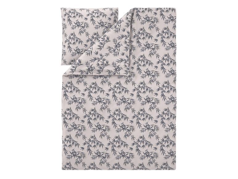 Dekbedovertrekset met bamboebladpatroon in grijs en beige.