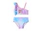 Kinderbikini met Elsa-print van Frozen, ruches en bandjes, in lila en blauwtinten.