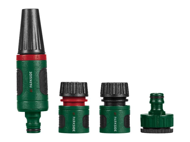 Parkside tuinslangkoppelingen en sproeier set in groen, rood en zwart.