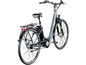 Een grijze Sunrider elektrische fiets met een bagagedrager.