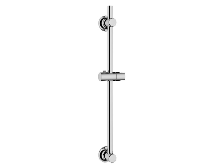 Een chromen douchestang met een verstelbare handdouchehouder.