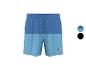 Tweekleurige blauwe en lichtblauwe zwemshorts met trekkoord en logo.