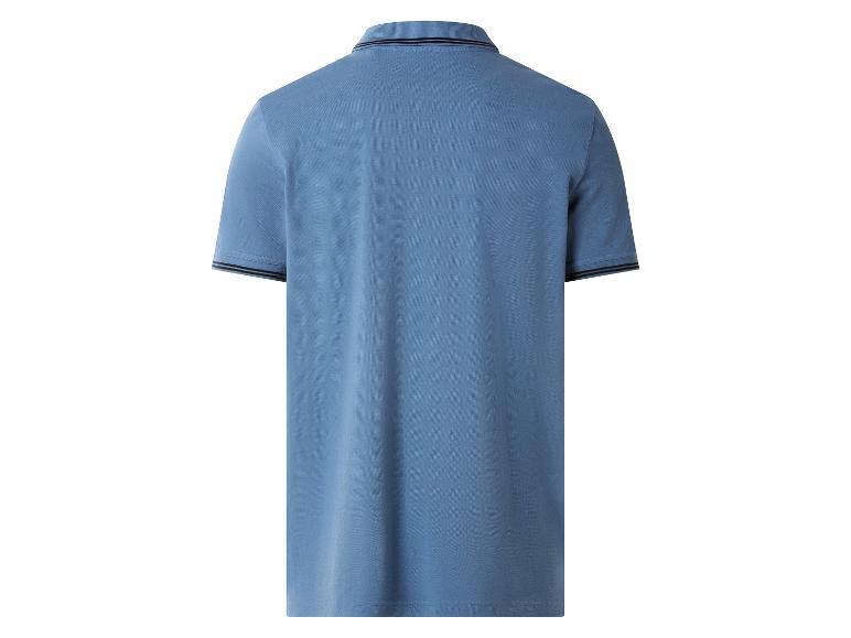 Blauw poloshirt met korte mouwen, gestreepte kraag en manchetten, achteraanzicht.