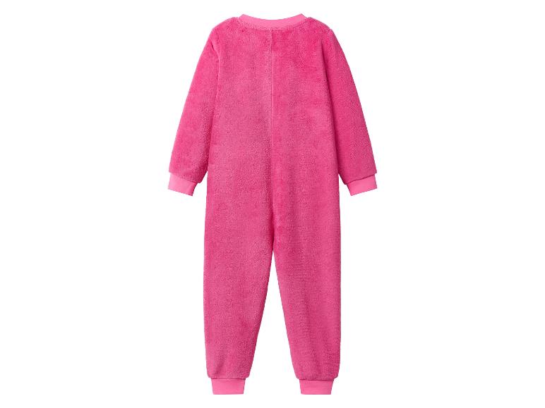 Roze fleece jumpsuit voor kinderen, achteraanzicht.