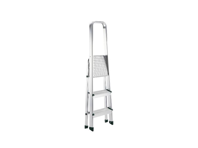 Zilveren Parkside aluminium ladder met drie treden en antislipvoeten.