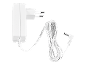 Witte stroomadapter met Europese stekker en opgerolde kabel met DC-connector.