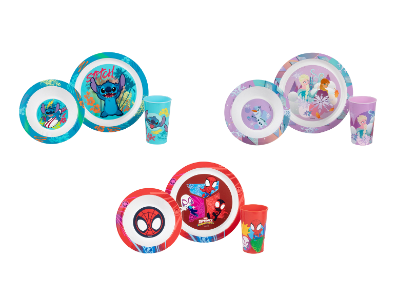 Driedelige kinderserviezen met Stitch, Frozen en Spider-Man thema's.