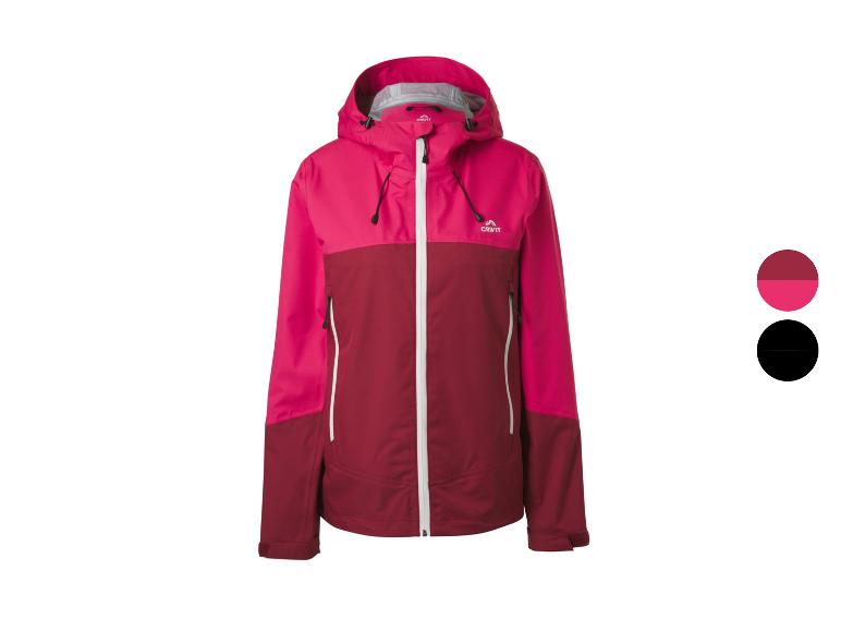 Roze en bordeauxrode dames outdoorjas met capuchon en witte rits.