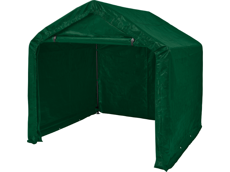 Groene opbergtent met open voorkant voor buitengebruik.