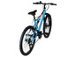 Blauwe mountainbike met schokdempers en Scraper-logo.