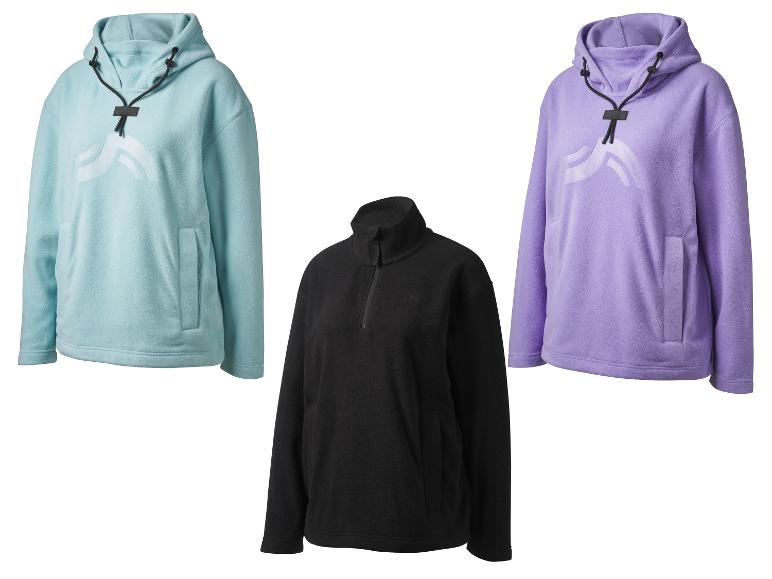 Drie fleecetruien: een turquoise, een zwarte en een paarse.