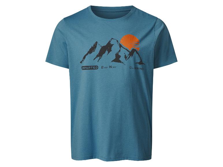 Blauw t-shirt met berg- en zonafbeelding.