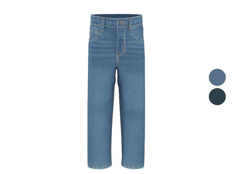 Blauwe straight-leg jeans met gestikte details, met licht- en donkerblauwe kleurstalen.