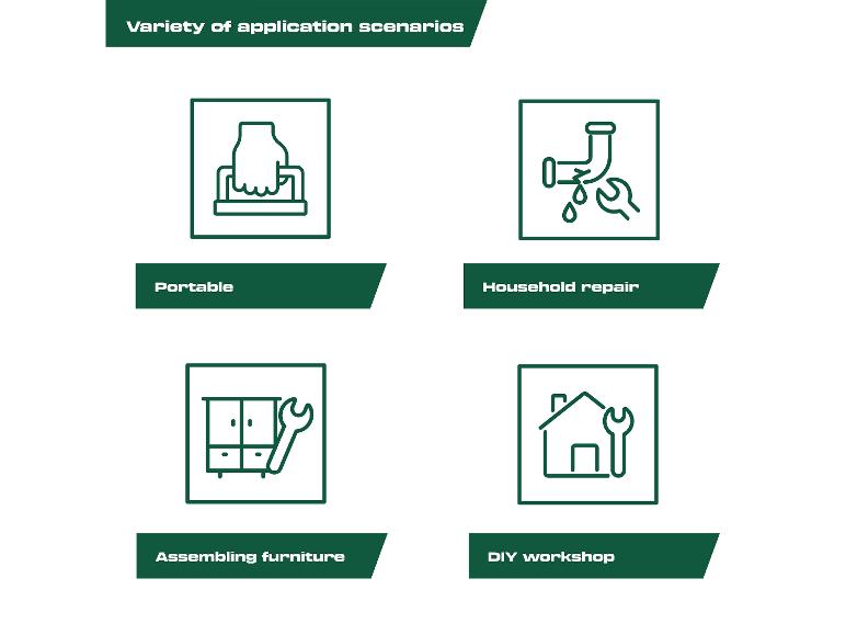 Toepassingsscenario's: draagbaar, huishoudelijke reparatie, meubelmontage, doe-het-zelf workshop.