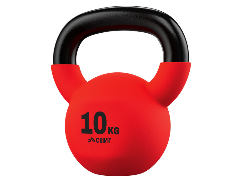 Een rode 10 kg kettlebell van Crivit.