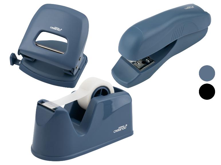 Crelado blauwe kantoorset: perforator, nietmachine en tapedispenser met twee kleuropties.