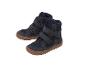 Een paar donkerblauwe kinderschoenen met klittenbandsluitingen en bruine zolen.
