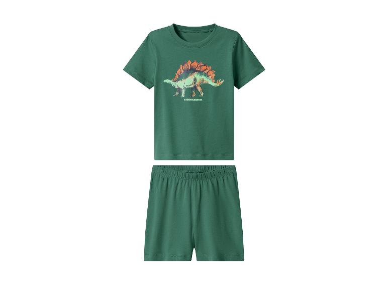 Groene pyjama met korte mouwen en korte broek, met stegosaurus dinosaurusprint.