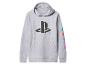 Grijze hoodie met PlayStation-logo en kleurrijke symbolen op de mouw.