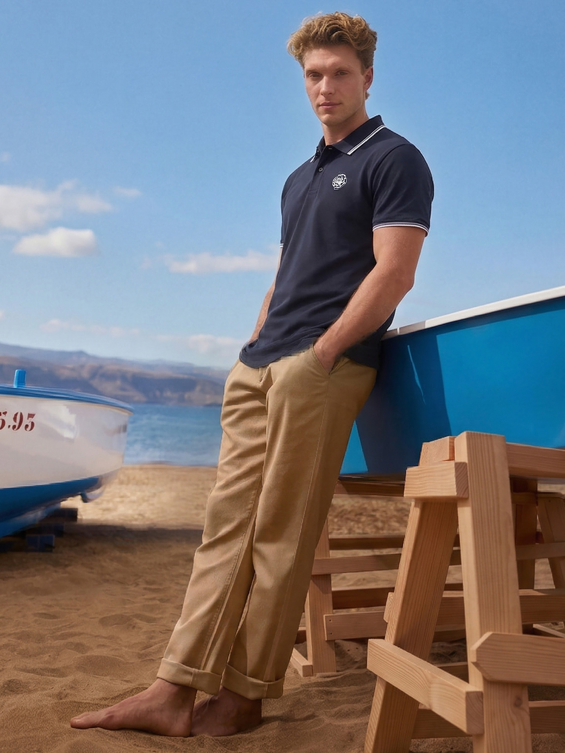Man in marineblauwe poloshirt en kaki broek op strand, leunend tegen een boot.
