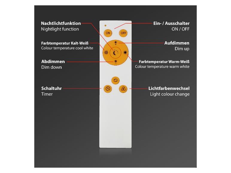 Afstandsbediening met nachtlicht-, kleurtemperatuur- en timerfuncties.