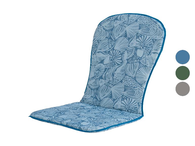 Blauw patroon stoelkussen met schelp- en koraalontwerp, getoond met kleurstalen.