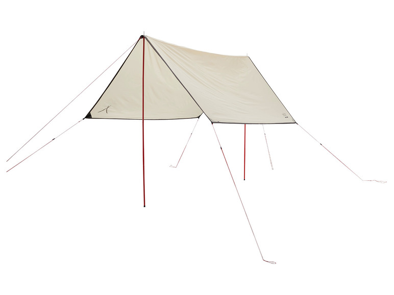 Een beige katoenen tarp met rode palen