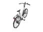Grijze elektrische fiets met zwart zadel en bagagedrager, op een witte achtergrond