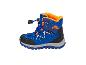 Blauwe kinderwinterlaarzen met oranje bont en de tekst 'WATERPROOF'.