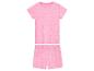 Roze kinderpyjama met witte stippen: t-shirt en short.