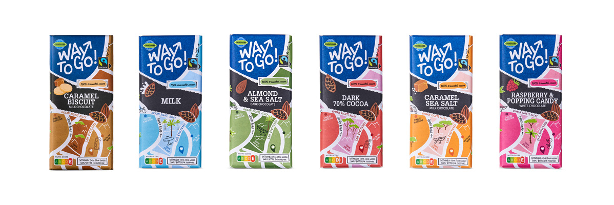 Way To Go chocoladerepen: karamel, melk, amandel & zeezout, pure 70%, karamel zeezout, framboos & popcandy.
