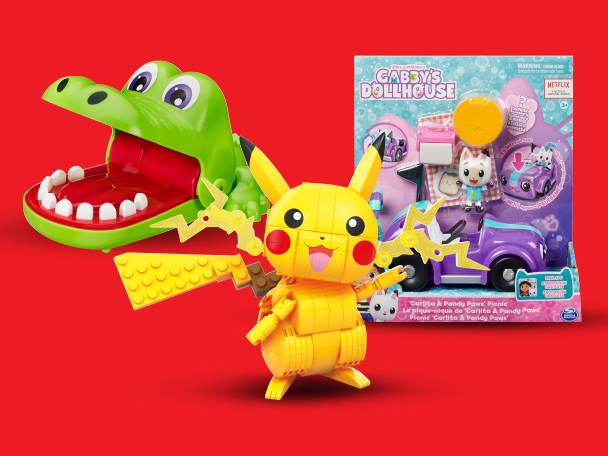 Krokodil tandartsspel, LEGO Pikachu en Gabby's Dollhouse speelset met auto.