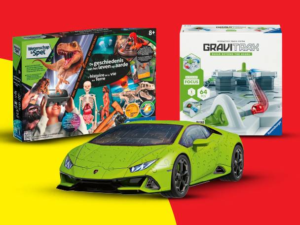 Wetenschap & Spel doos, GraviTrax doos en een groene sportwagen.