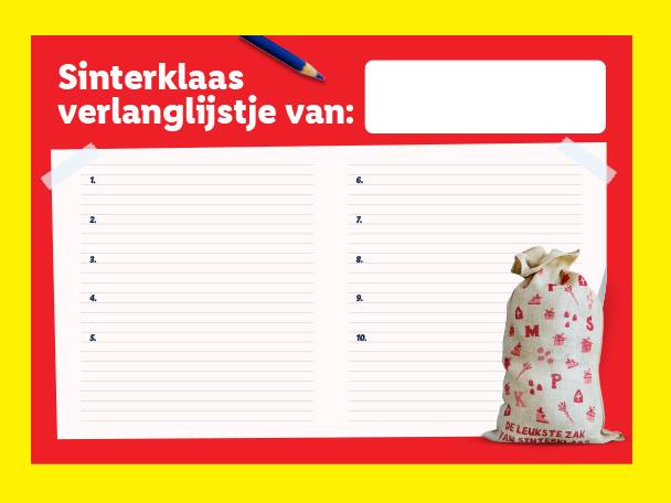 Sinterklaas verlanglijstje met een potlood en een zak met cadeautjes.